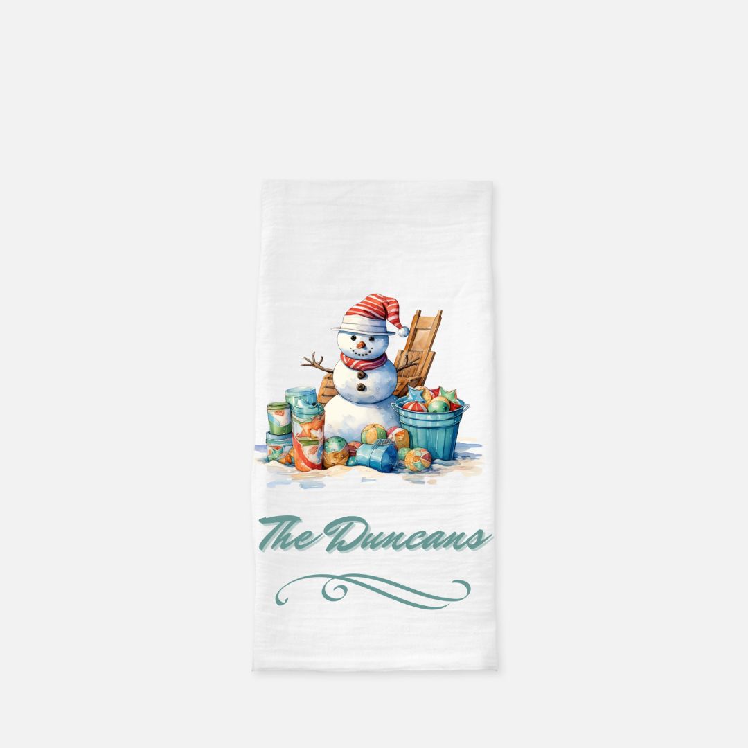 Personalized Snowman with Beach Toys Tea Towel, Dish, Kitchen Towel, Flour Sack Towel, Gift, Wedding Gift Towel, Bar Towel