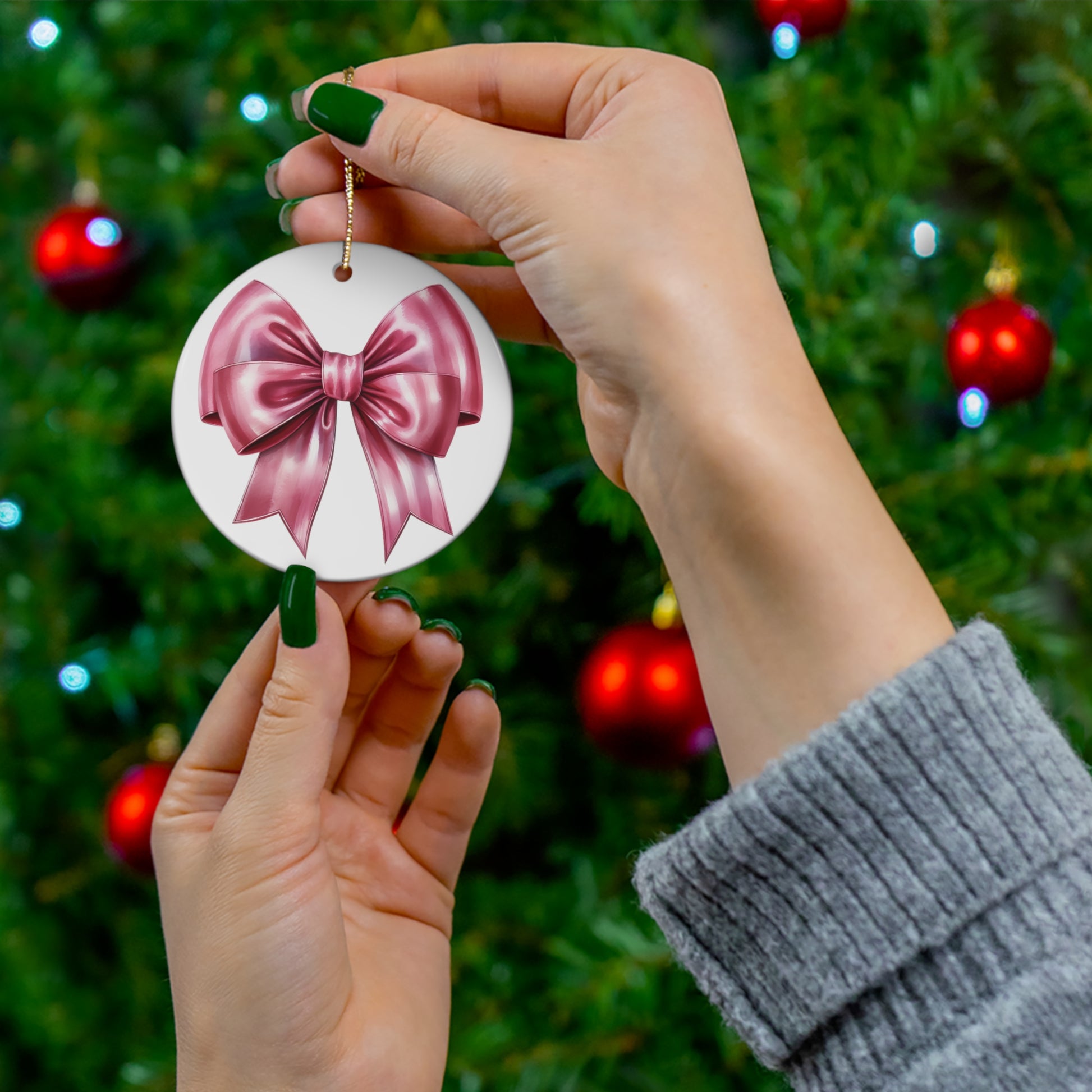 Pink Bow Christmas Ceramic Ornament