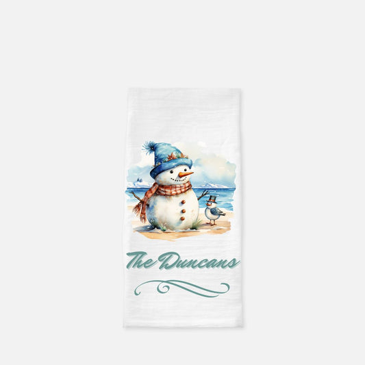 Personalized Snowman with Beach Toys Tea Towel, Dish, Kitchen Towel, Flour Sack Towel, Gift, Wedding Gift Towel, Bar Towel