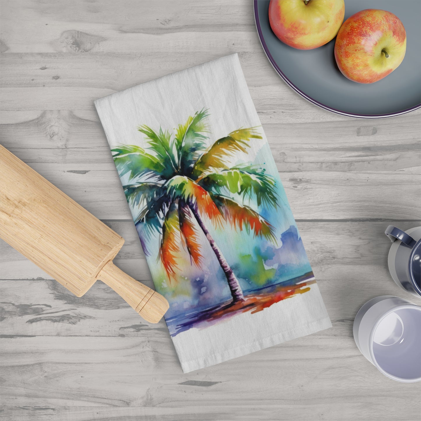 100% cotton tea or dish towel printed with a colorful palm tree