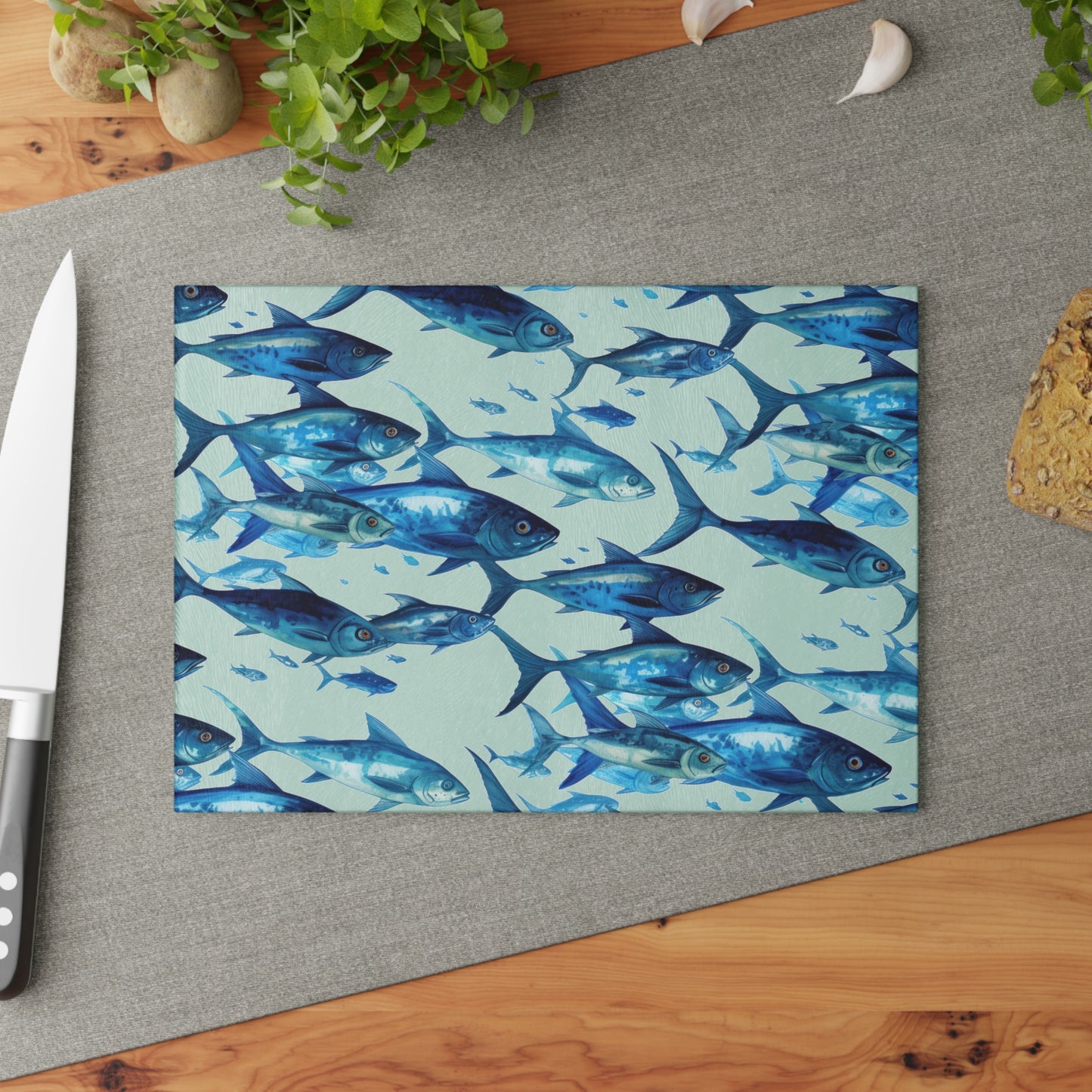 School of Blue Fish Glass Cutting Board