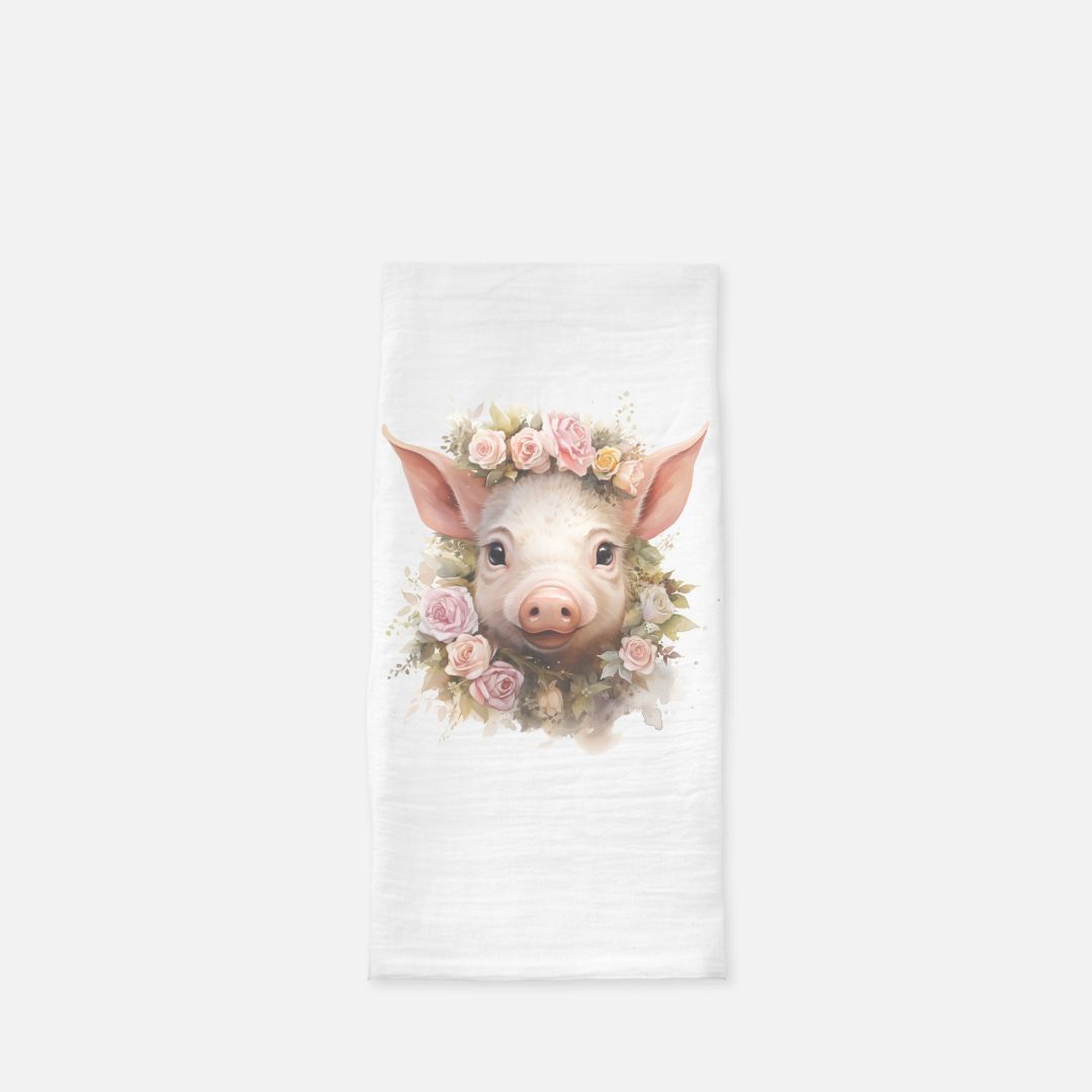 Watercolor Floral Baby Pig Tea Towel, Dish, Kitchen Towel, Flour Sack Towel, Housewarming Gift, Wedding Gift Towel, Bar Towel