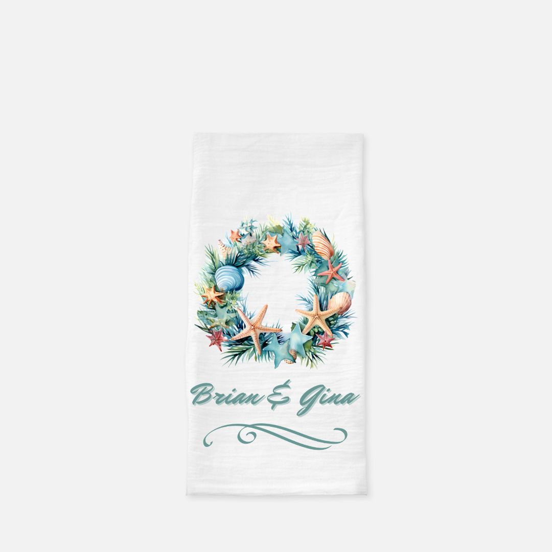 Personalized Seashell Wreath 2 Tea Towel, Dish, Kitchen Towel, Flour Sack Towel, Gift, Wedding Gift Towel, Bar Towel