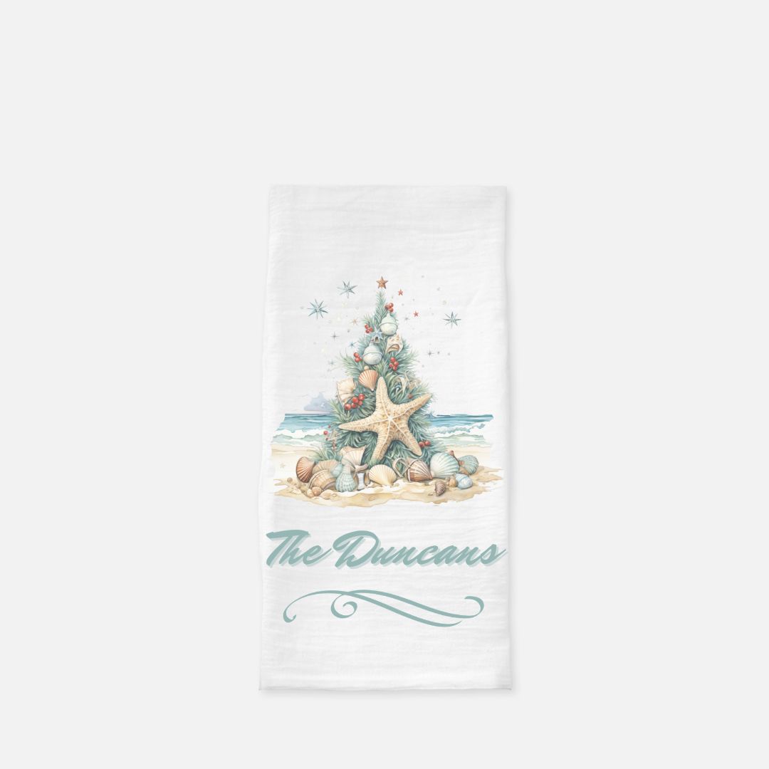 Personalized Watercolor Tree & Shells Tea Towel, Dish, Kitchen Towel, Flour Sack Towel, Gift, Wedding Gift Towel, Bar Towel