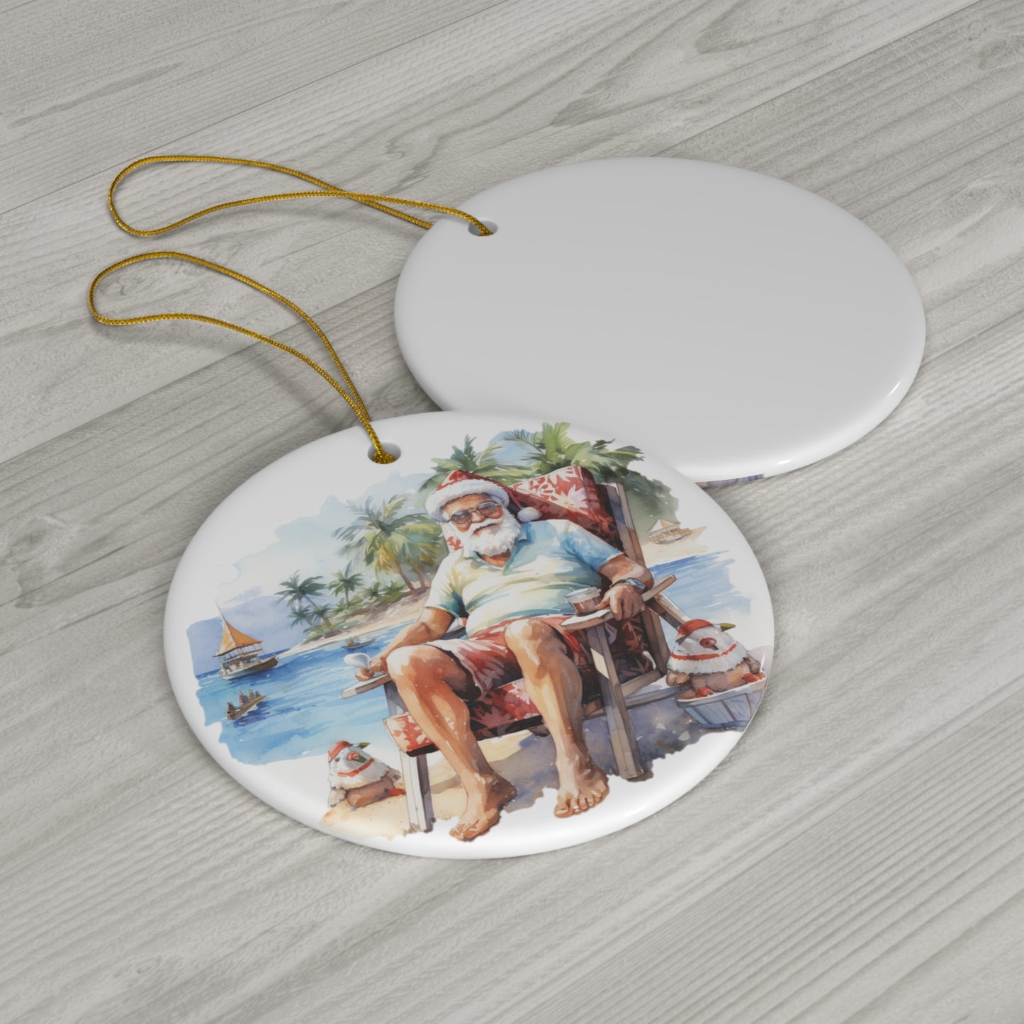 Santa Chilling On the Beach Christmas Ceramic Ornament