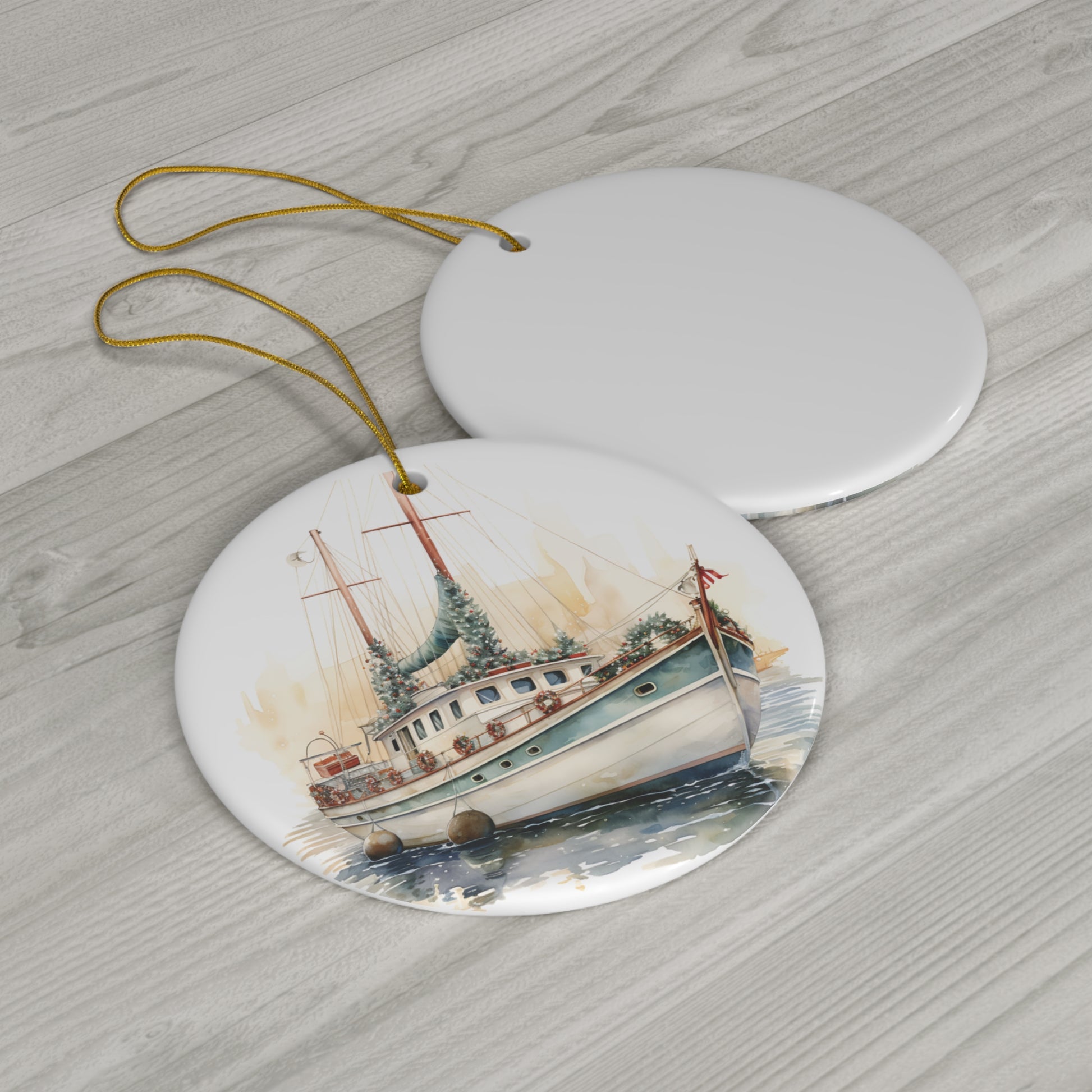 Christmas Decorated Sailboat Ceramic Ornament