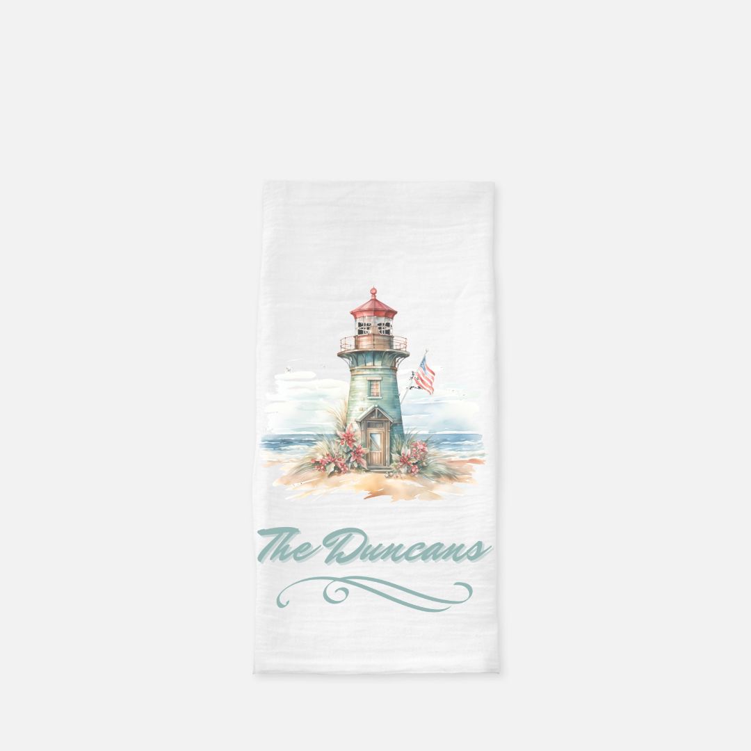 Personalized Patriotic Lighthouse Tea Towel, Dish, Kitchen Towel, Flour Sack Towel, Gift, Wedding Gift Towel, Bar Towel