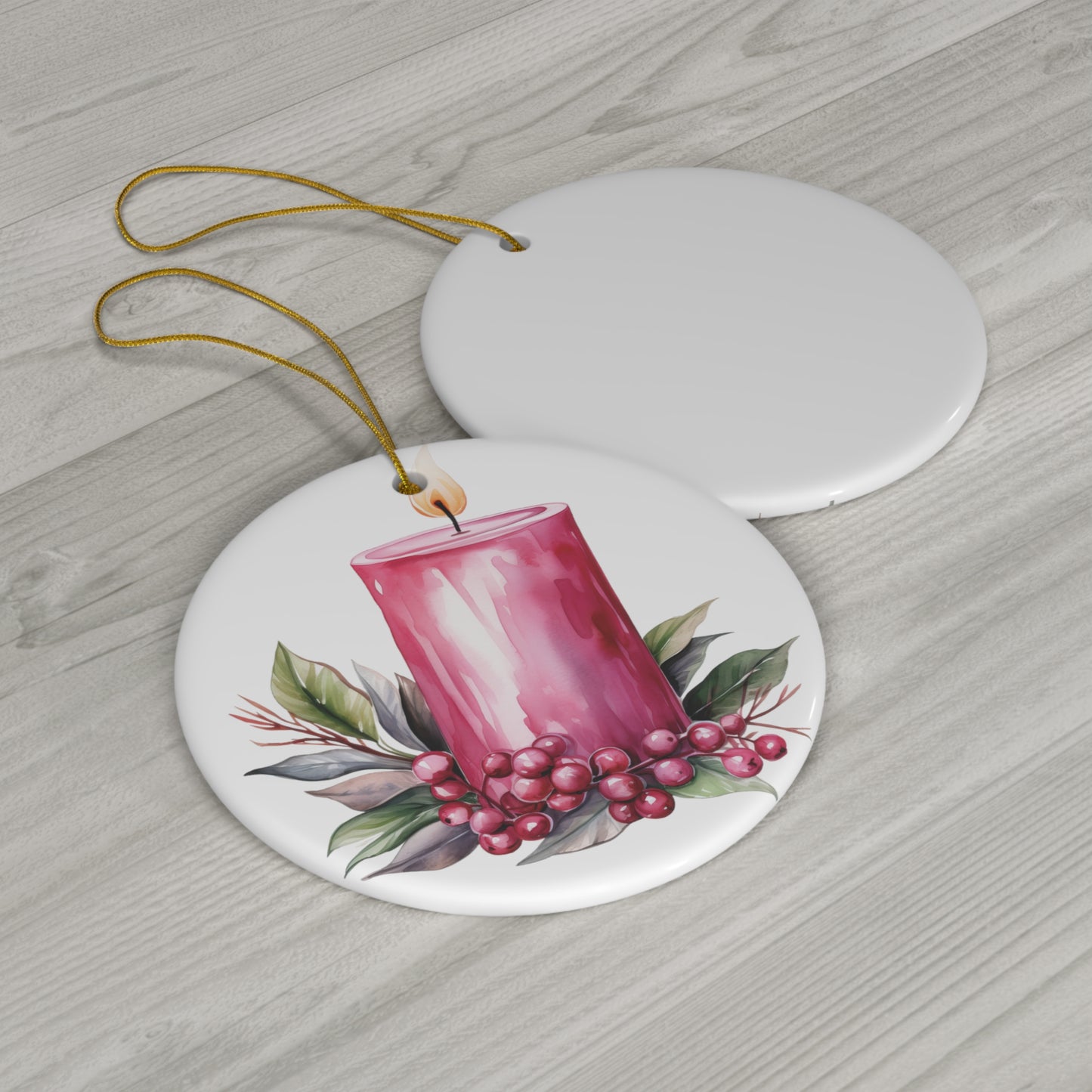 Pink Candle & Holly Ceramic Ornament