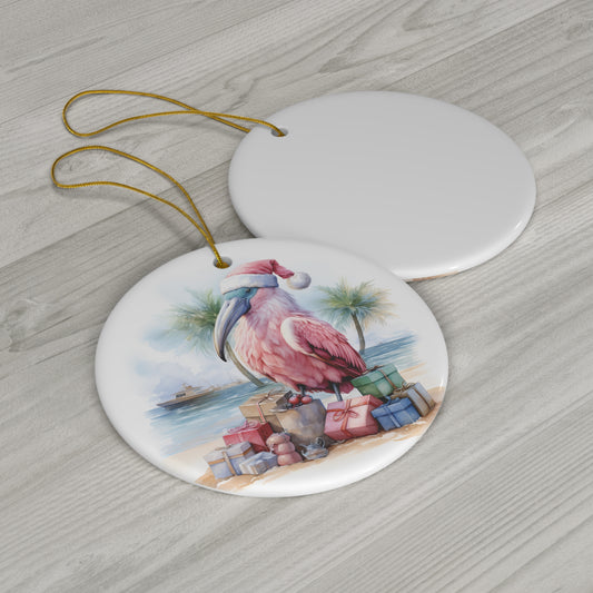 Pink Santa Bird on Beach Ceramic Ornament