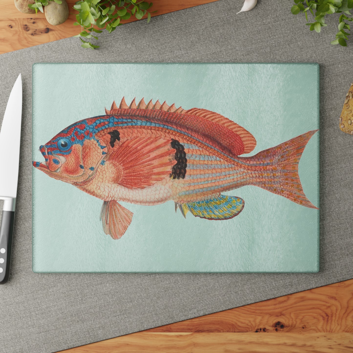 Vintage Fish Illustration Glass Cutting Board