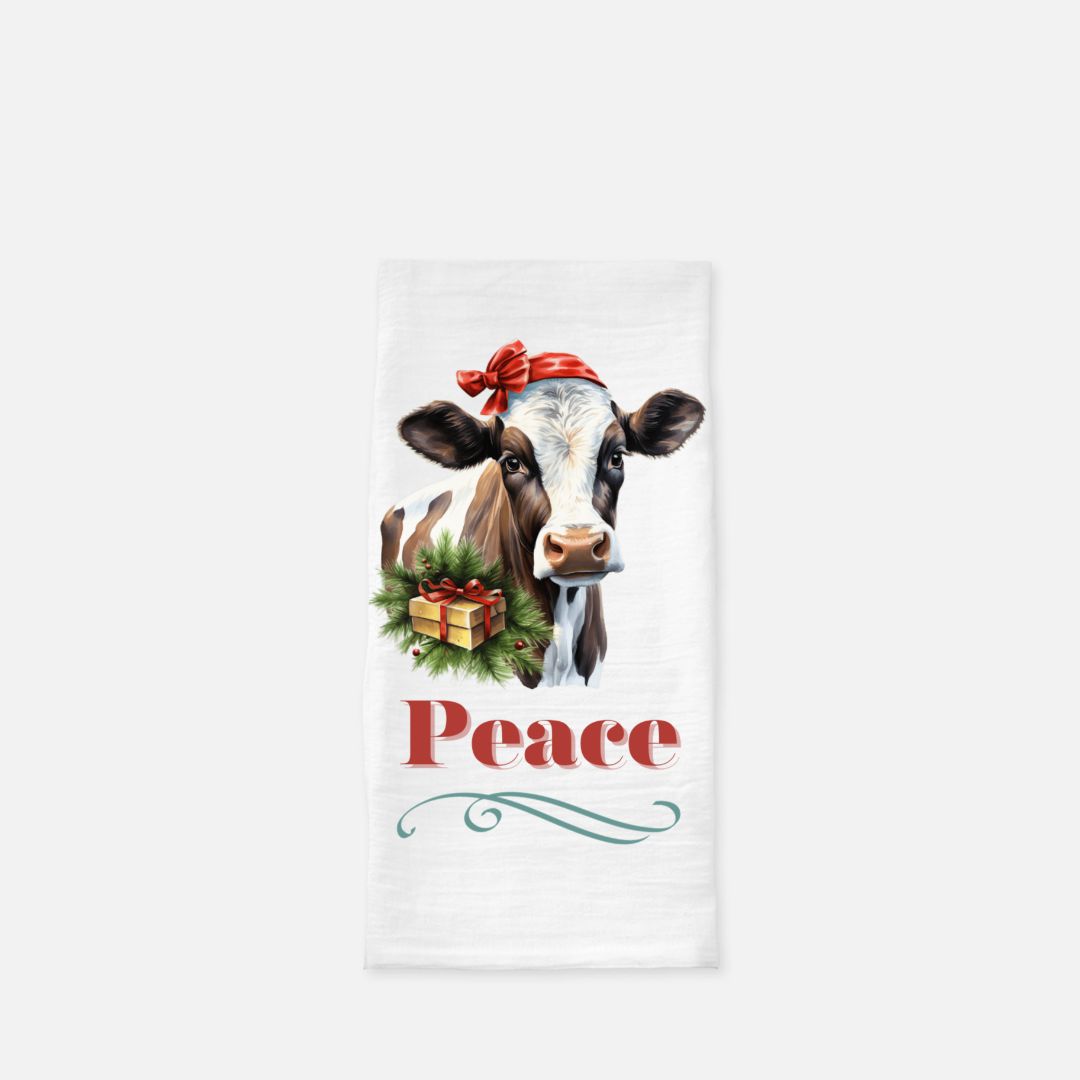 Peace & Holiday Cow Tea Towel, Dish, Kitchen Towel, Flour Sack Towel, Housewarming Gift, Wedding Gift Towel, Bar Towel