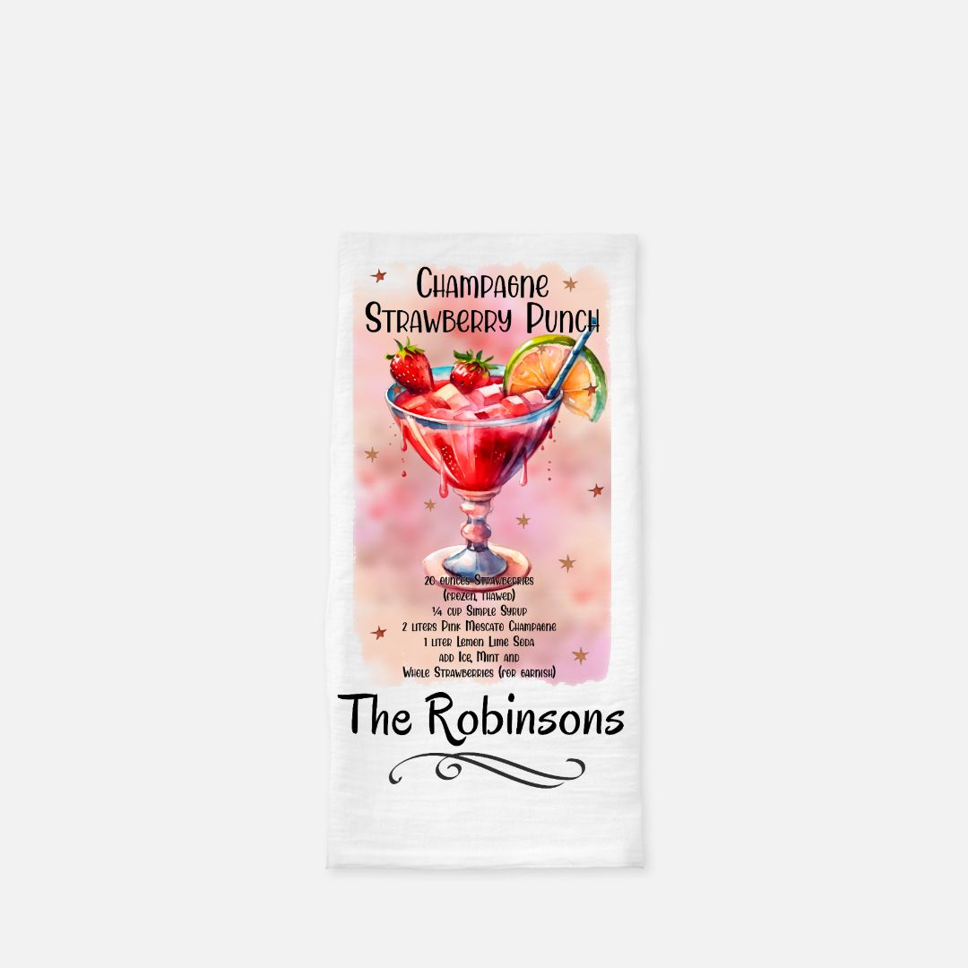 Personalized Champagne Strawberry Punch Tea Towel, Dish, Kitchen Towel, Flour Sack Towel, Housewarming Gift, Wedding Gift Towel, Bar Towel