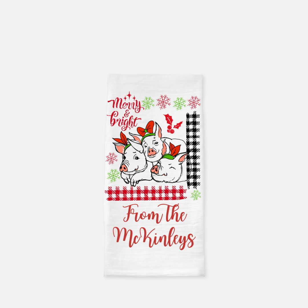 Personalized Plaid Merry & Bright Pigs Tea Towel, Dish, Kitchen Towel, Flour Sack Towel, Housewarming Gift, Wedding Gift Towel, Bar Towel