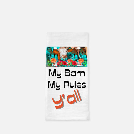 Cow License Plate with My Barn, My Rules Tea Towel, Dish, Kitchen Towel, Flour Sack Towel, Housewarming Gift, Wedding Gift Towel, Bar Towel