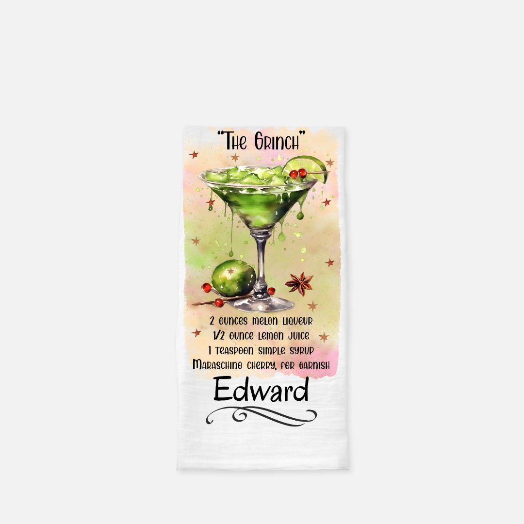 Personalized The Grinch Martini Tea Towel, Dish, Kitchen Towel, Flour Sack Towel, Housewarming Gift, Wedding Gift Towel, Bar Towel