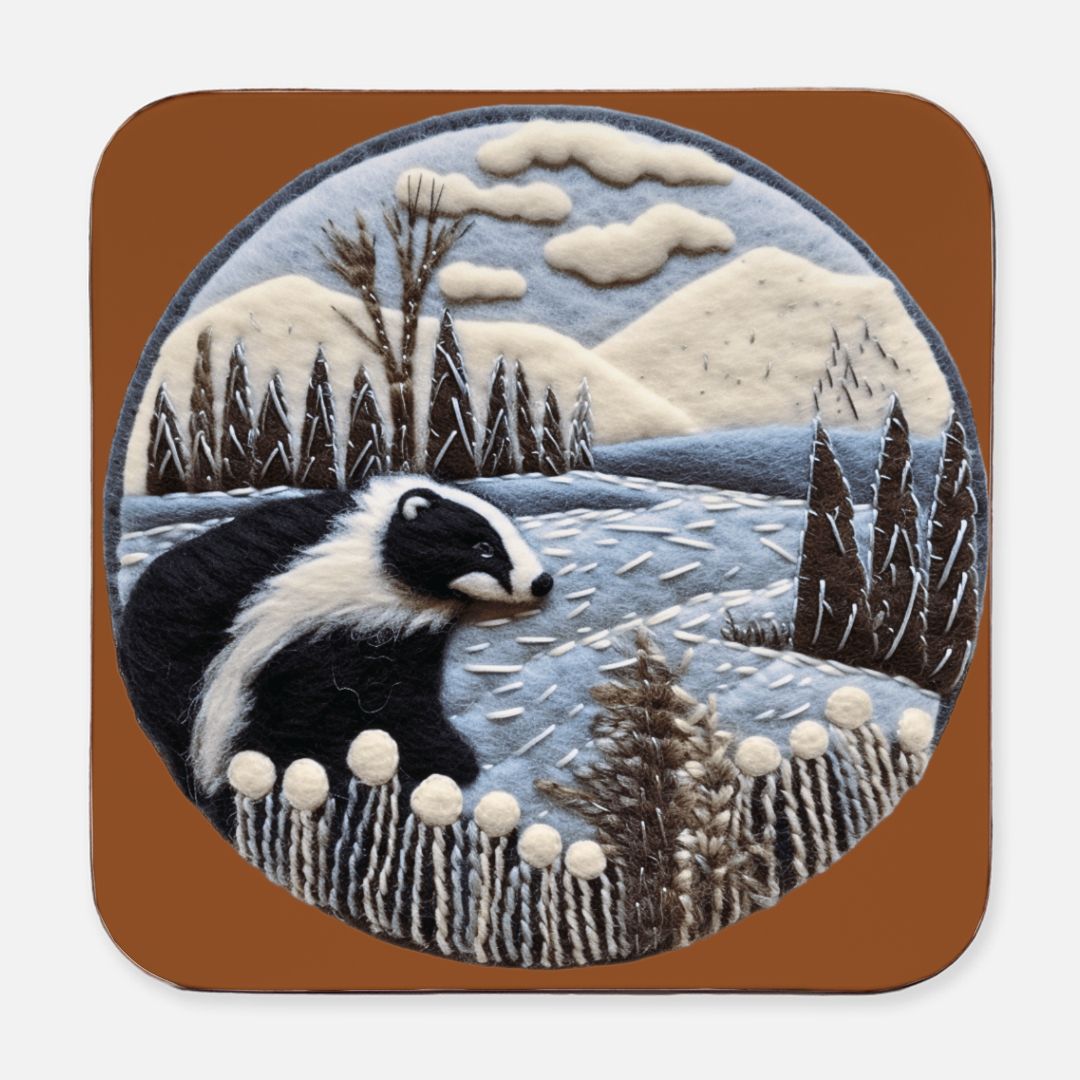 Stunning Winter Wildlife Embroidery Look Coaster Set, squirrels, rabbit, owls, deer, hedgehog, fox, wolf, cardinals