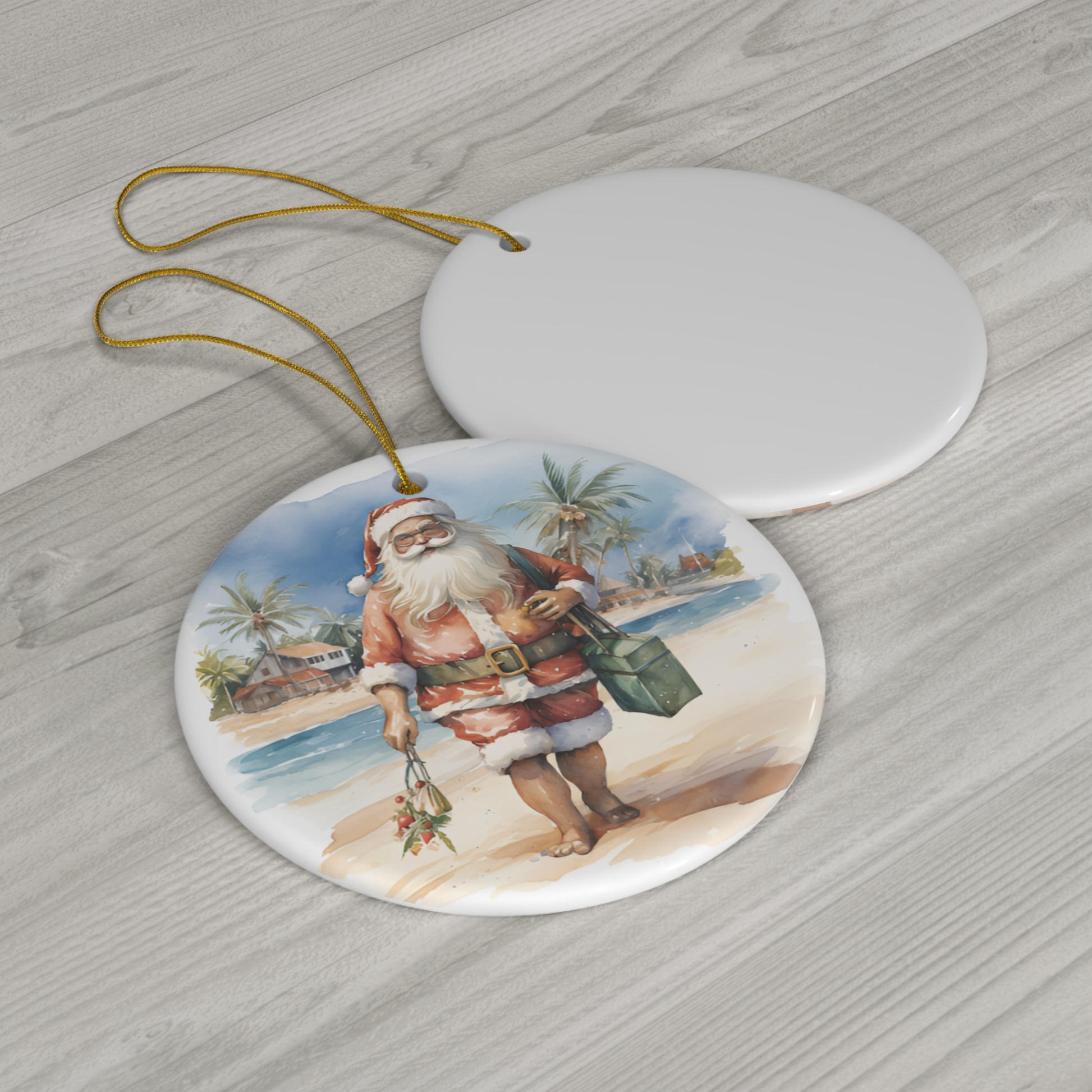 Santa Walking the Beach Christmas Ceramic Ornament