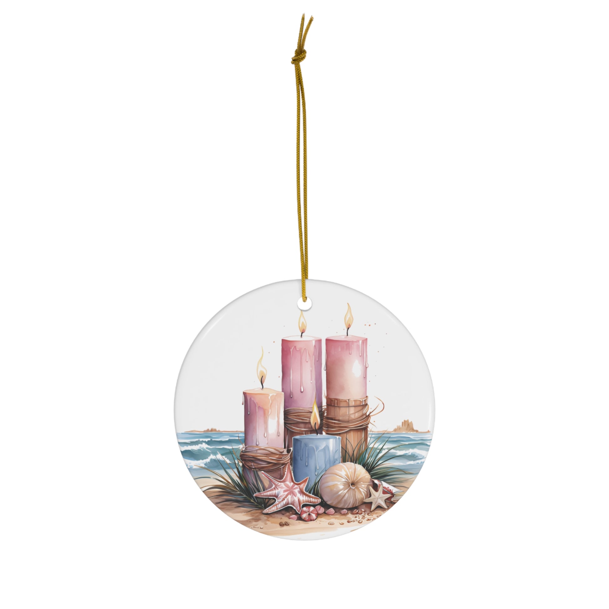 Pink Candles on Beach Ceramic Ornament