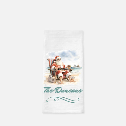 Personalized Santa on the Beach Tea Towel, Dish, Kitchen Towel, Flour Sack Towel, Gift, Wedding Gift Towel, Bar Towel