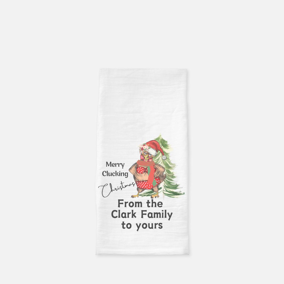 Personalized Merry Clucking Christmas Hen Tea Towel, Dish, Kitchen Towel, Flour Sack Towel, Housewarming Gift, Wedding Gift Towel, Bar Towel