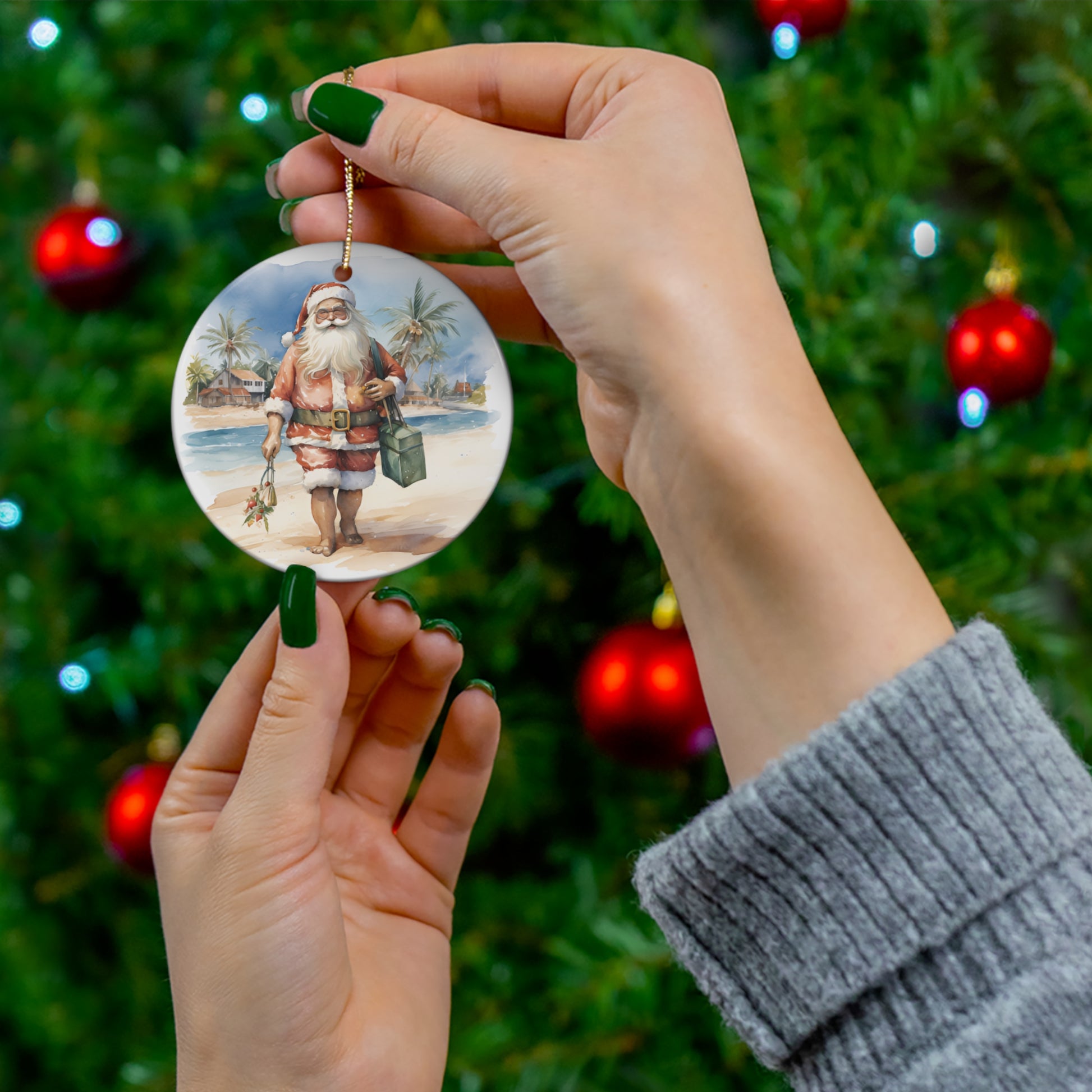 Santa Walking the Beach Christmas Ceramic Ornament