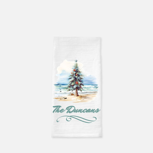 Personalized Watercolor Decorated Beach Tree Tea Towel, Dish, Kitchen Towel, Flour Sack Towel, Gift, Wedding Gift Towel, Bar Towel