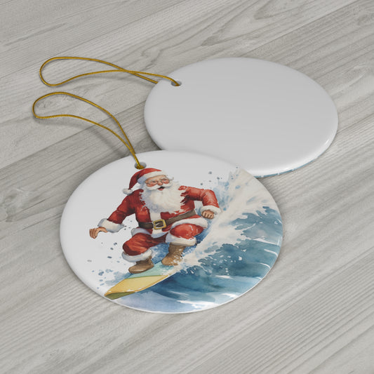 Santa Riding the Waves Surfing Christmas Ceramic Ornament