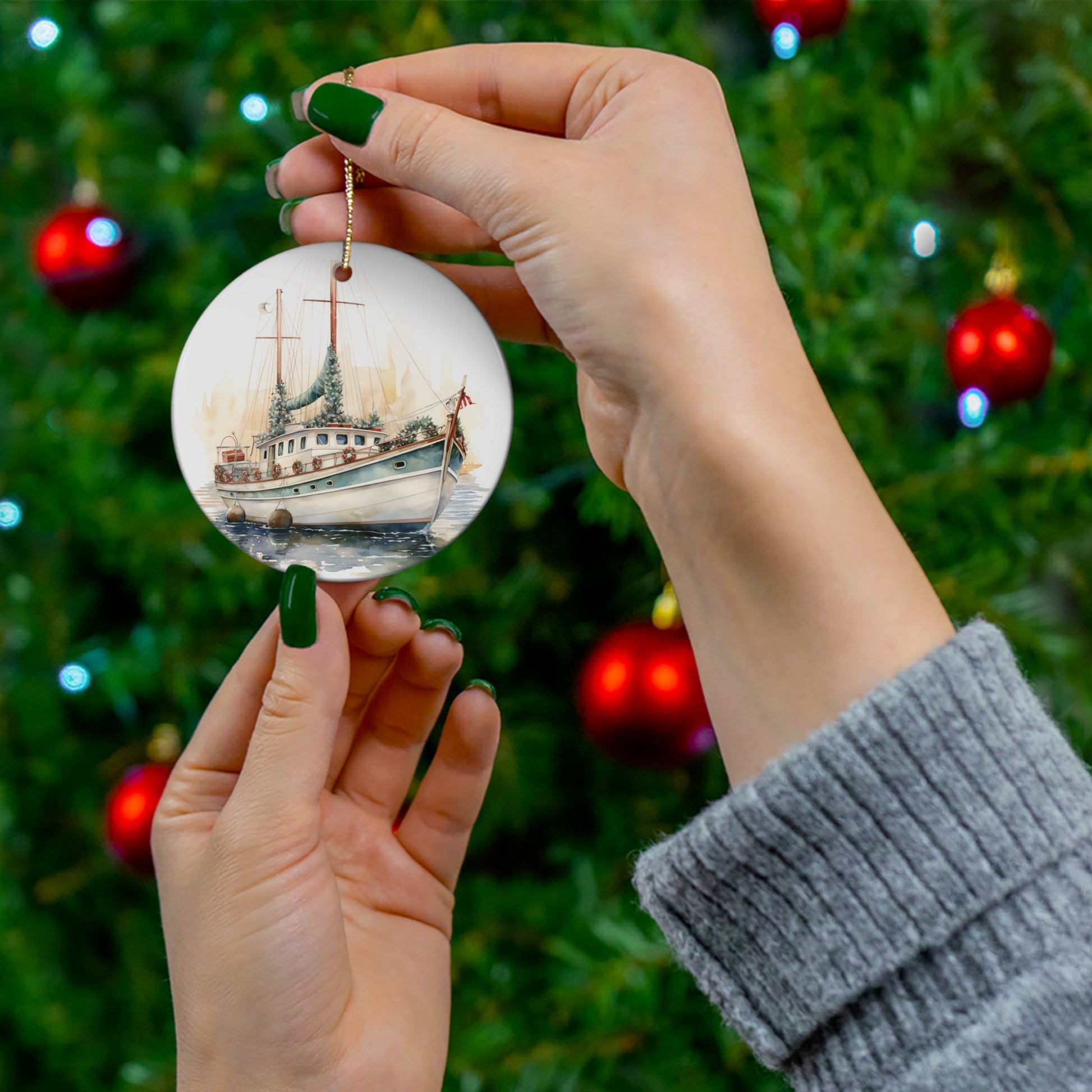 Christmas Decorated Sailboat Ceramic Ornament