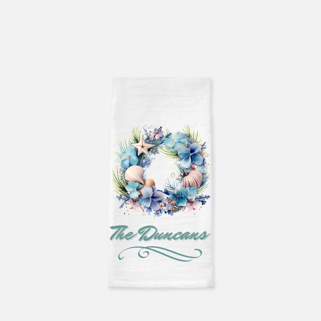 Personalized Seashell Wreath Tea Towel, Dish, Kitchen Towel, Flour Sack Towel, Gift, Wedding Gift Towel, Bar Towel