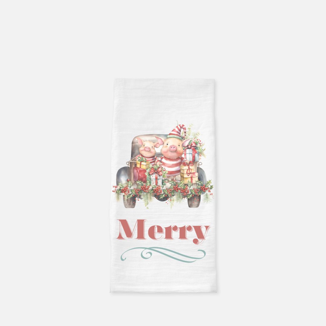 Merry Holiday Pigs in a Pickup Truck Tea Towel, Dish, Kitchen Towel, Flour Sack Towel, Housewarming Gift, Wedding Gift Towel, Bar Towel