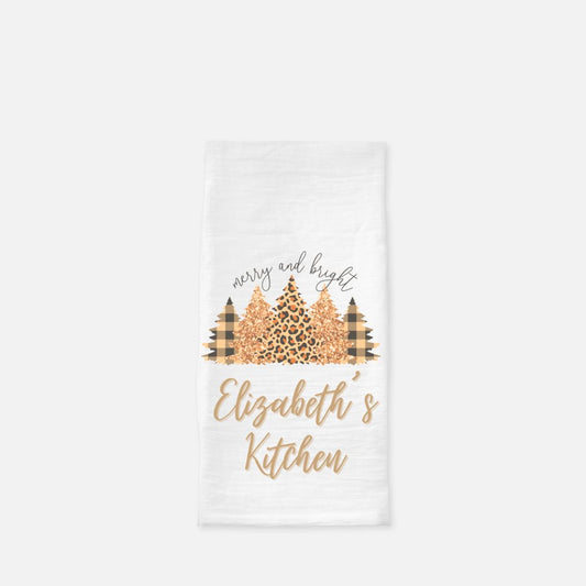 Personalized Plaid & Leopard Trees Tea Towel, Dish, Kitchen Towel, Flour Sack Towel, Housewarming Gift, Wedding Gift Towel, Bar Towel