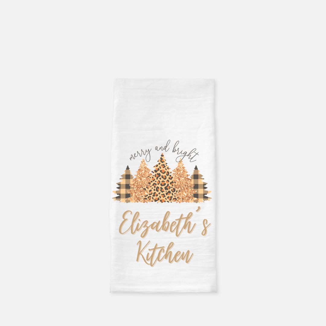 Personalized Plaid & Leopard Trees Tea Towel, Dish, Kitchen Towel, Flour Sack Towel, Housewarming Gift, Wedding Gift Towel, Bar Towel