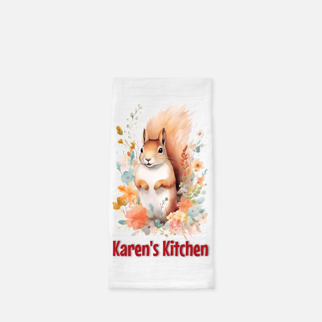 Personalized Squirrel Tea Towel, Dish, Kitchen Towel, Flour Sack Towel, Housewarming Gift, Wedding Gift Towel, Bar Towel