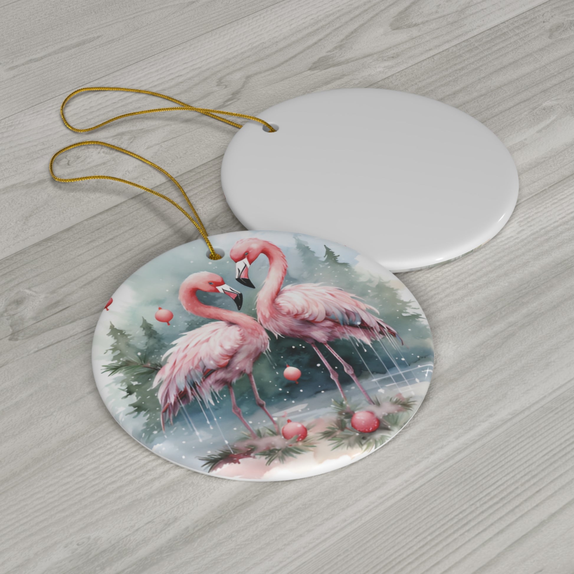 Two Christmas Flamingos Ceramic Ornament