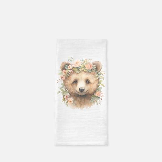 Watercolor Floral Baby Bear Tea Towel, Dish, Kitchen Towel, Flour Sack Towel, Housewarming Gift, Wedding Gift Towel, Bar Towel