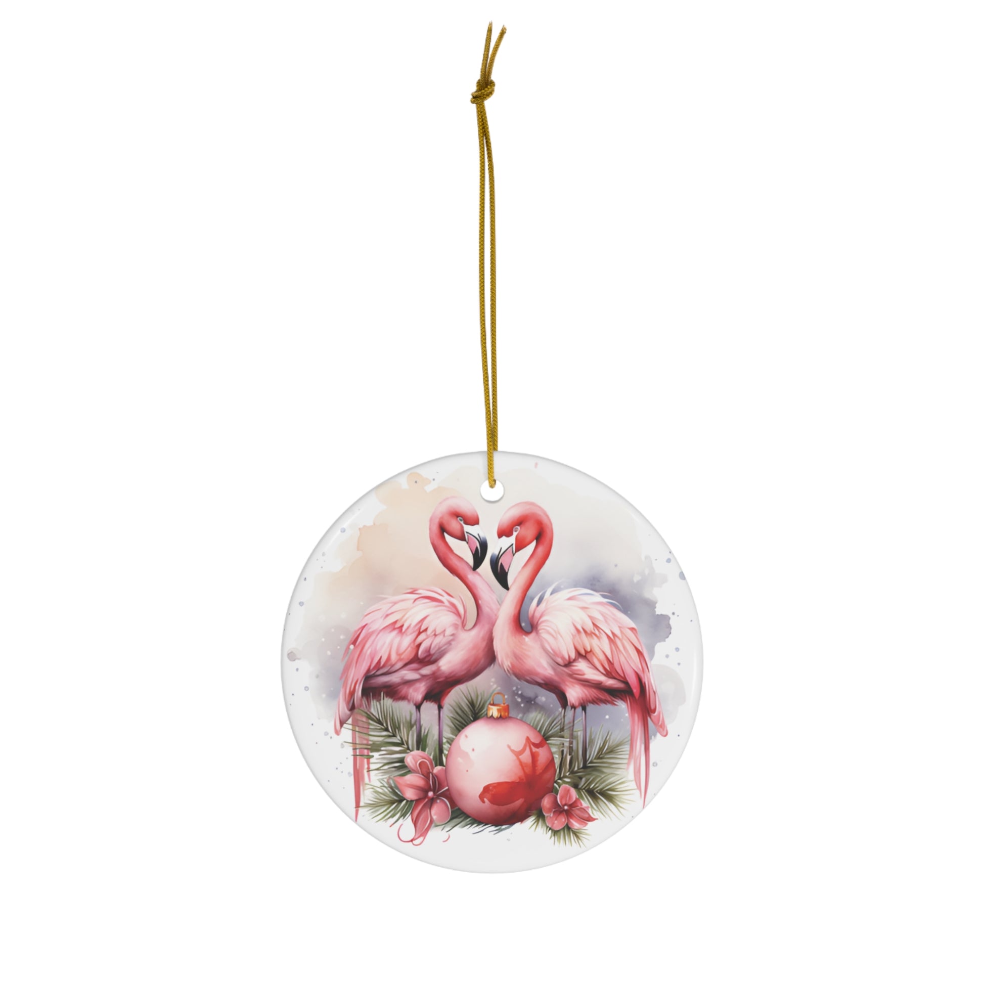 Pink Holiday Flamingos Christmas Ceramic Ornament