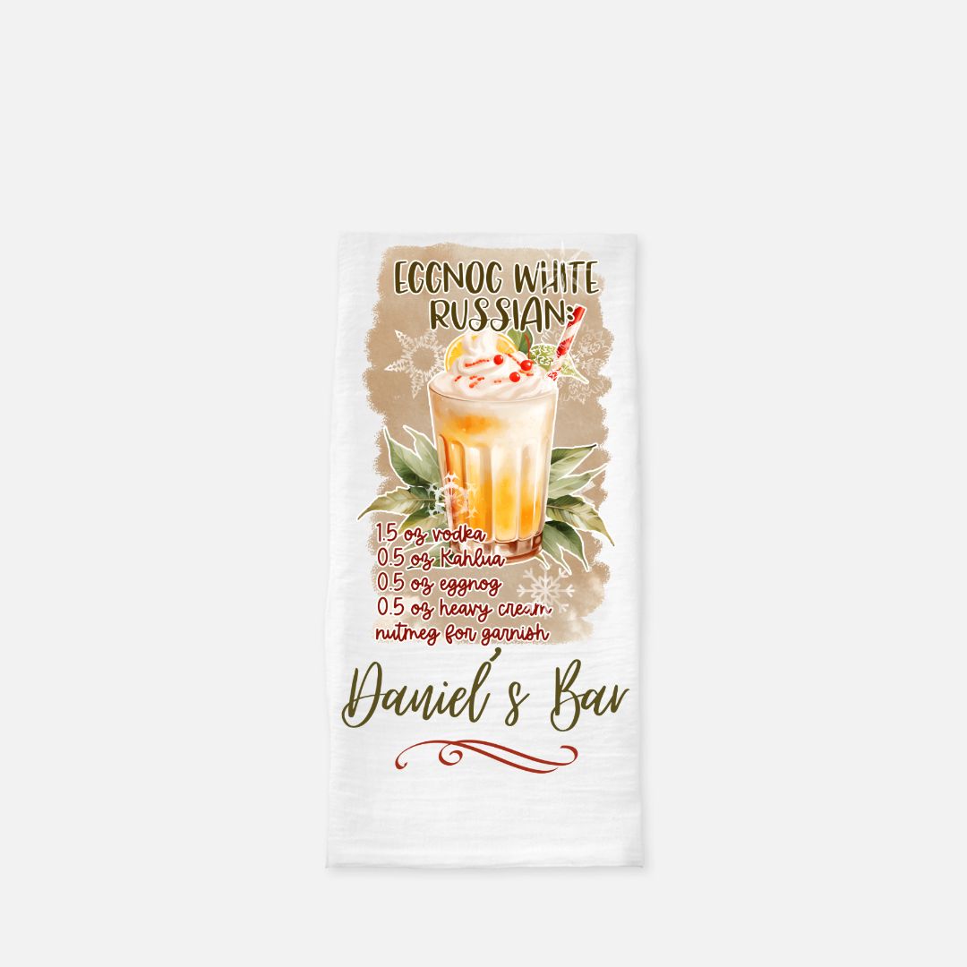 Egg Nog White Russian Recipe Tea Towel, Dish, Kitchen Towel, Flour Sack Towel, Housewarming Gift, Wedding Gift Towel, Bar Towel