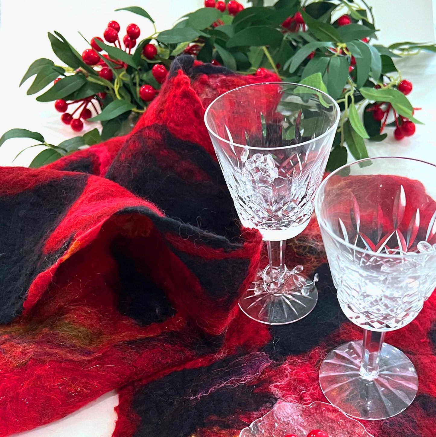 Felted Wool and Silk Table Runner - Red and Black