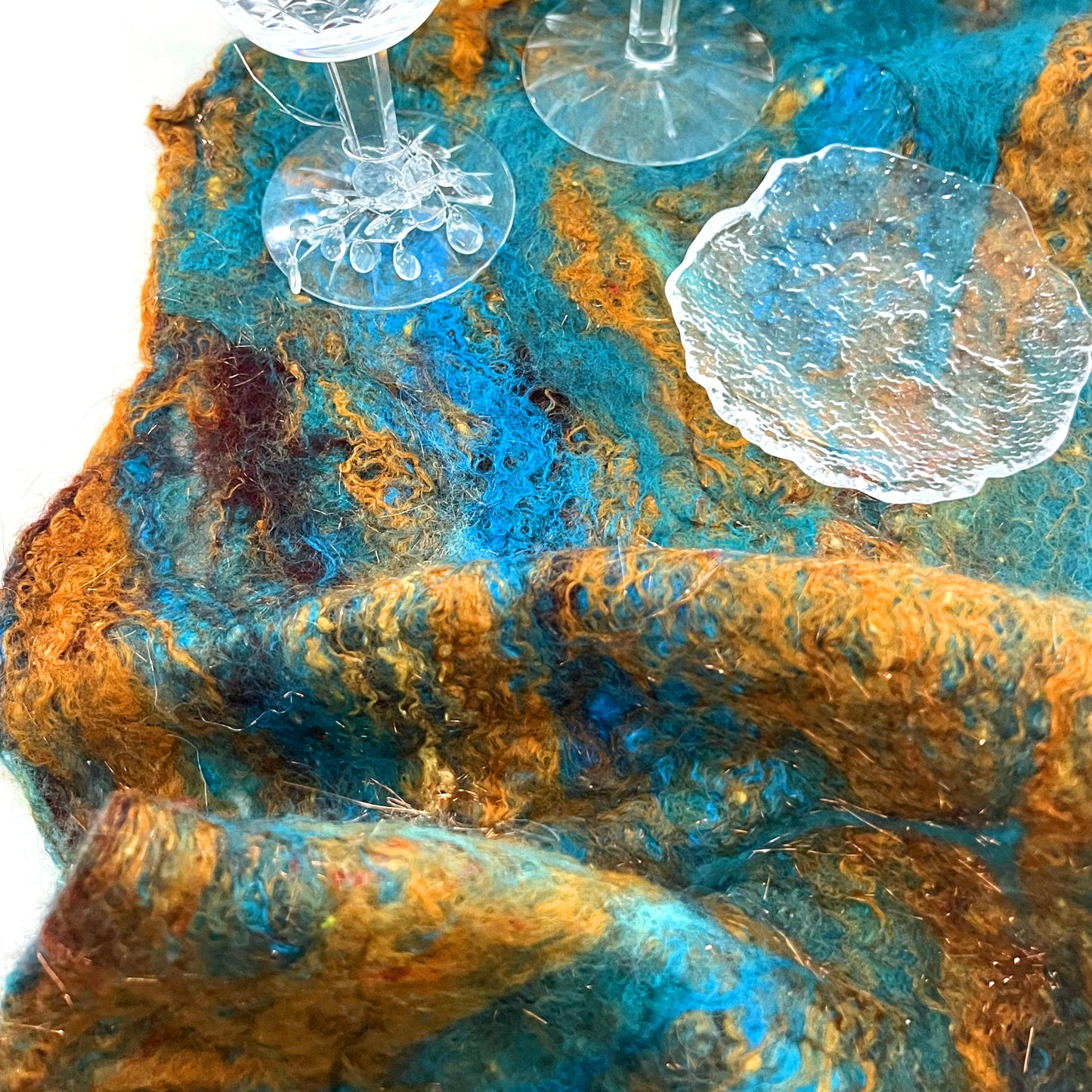 Felted Wool and Silk Table Runner - Turquoise and Gold