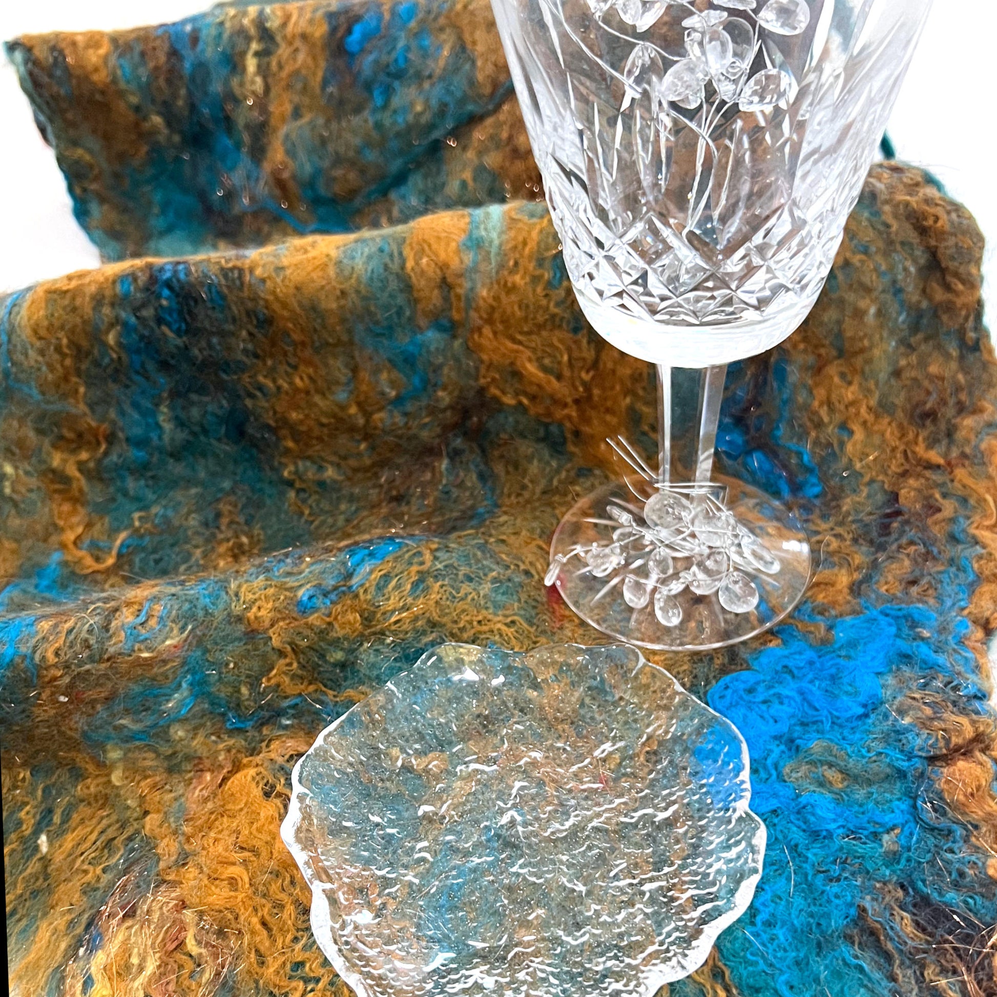 Felted turquoise and gold wool and silk table runner