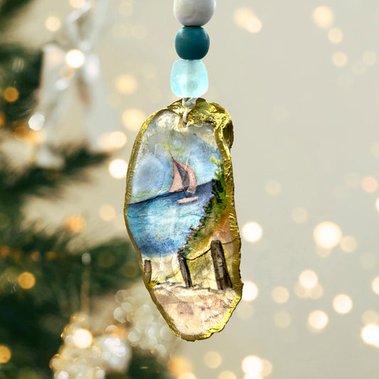 Gilded Sailboat on the Ocean Oyster Shell Ornament