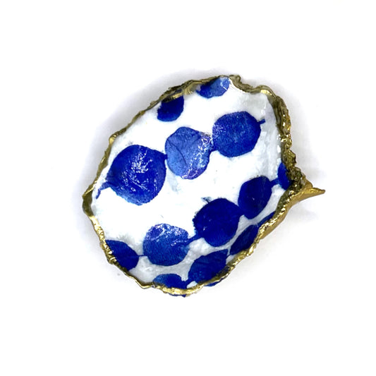 Gilded Blue Abstract Dots Oyster Shell Ring Dish and Tray