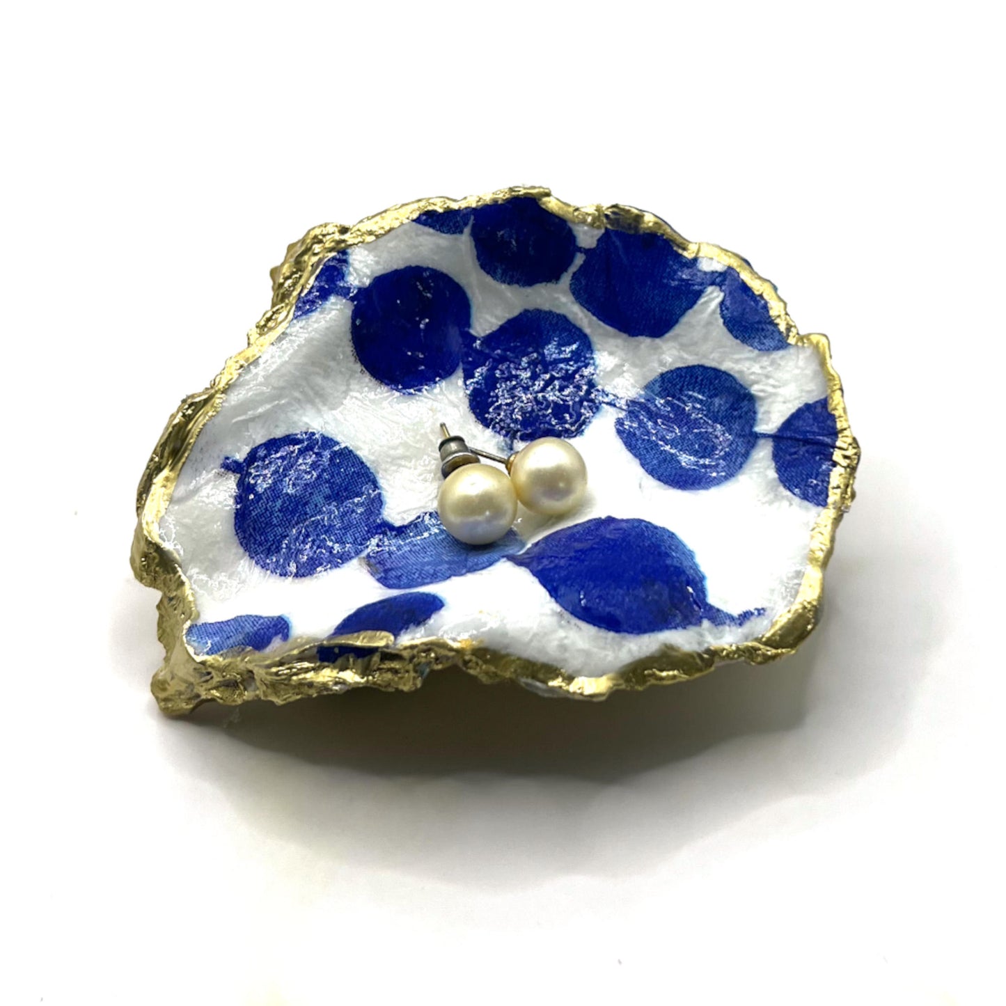 Gilded Blue Abstract Dots Oyster Shell Ring Dish and Tray