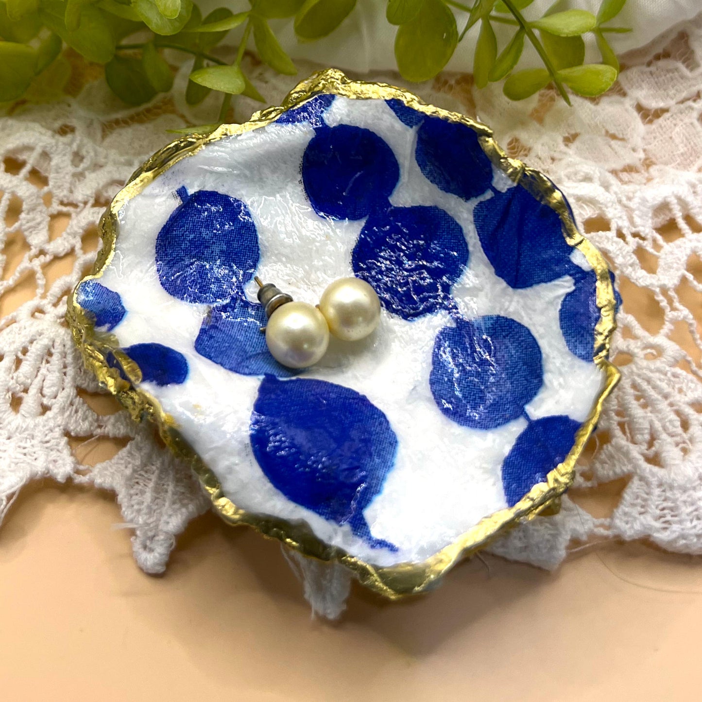 Gilded Blue Abstract Dots Oyster Shell Ring Dish and Tray