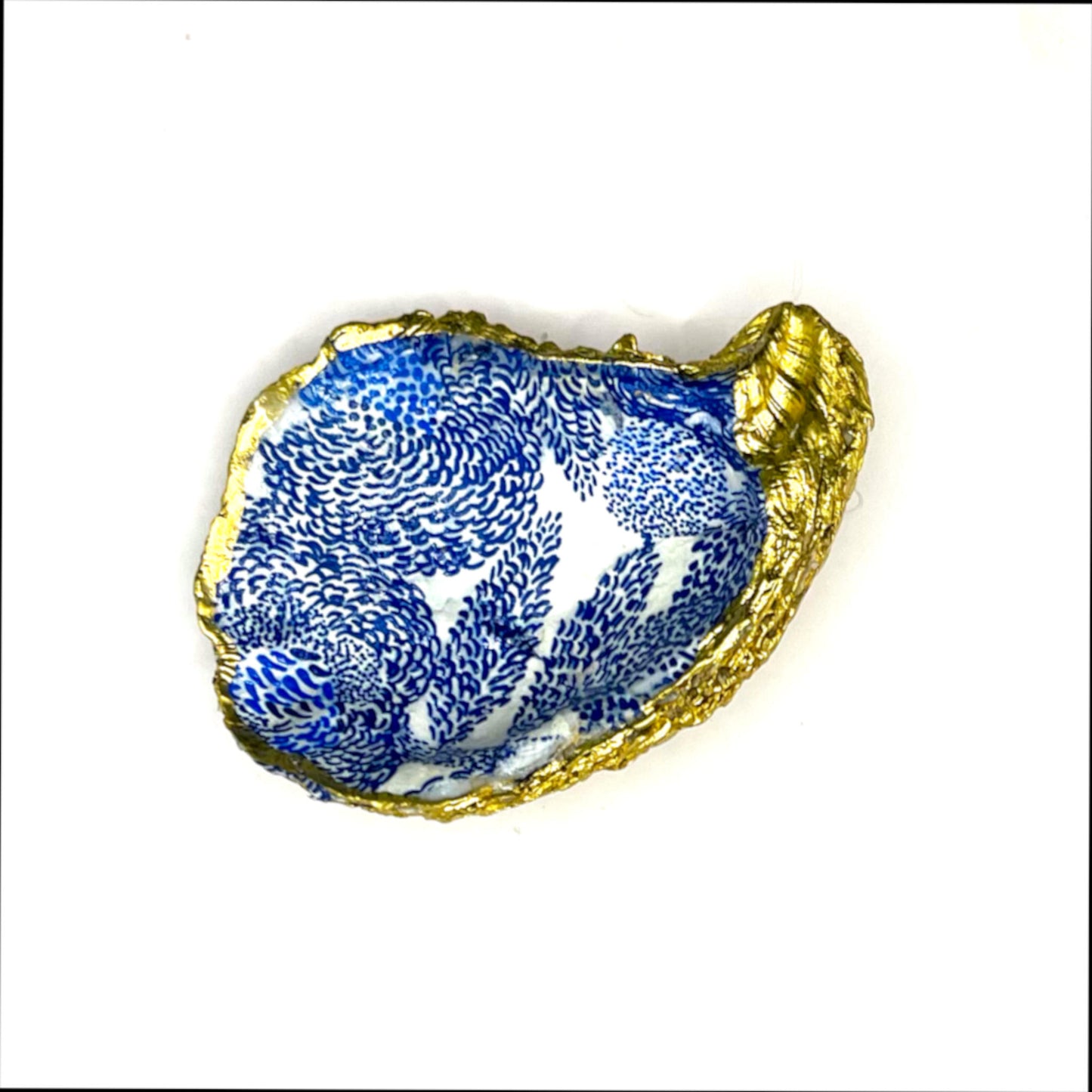 Gilded Blue Abstract Leaf Oyster Shell Ring Dish and Tray