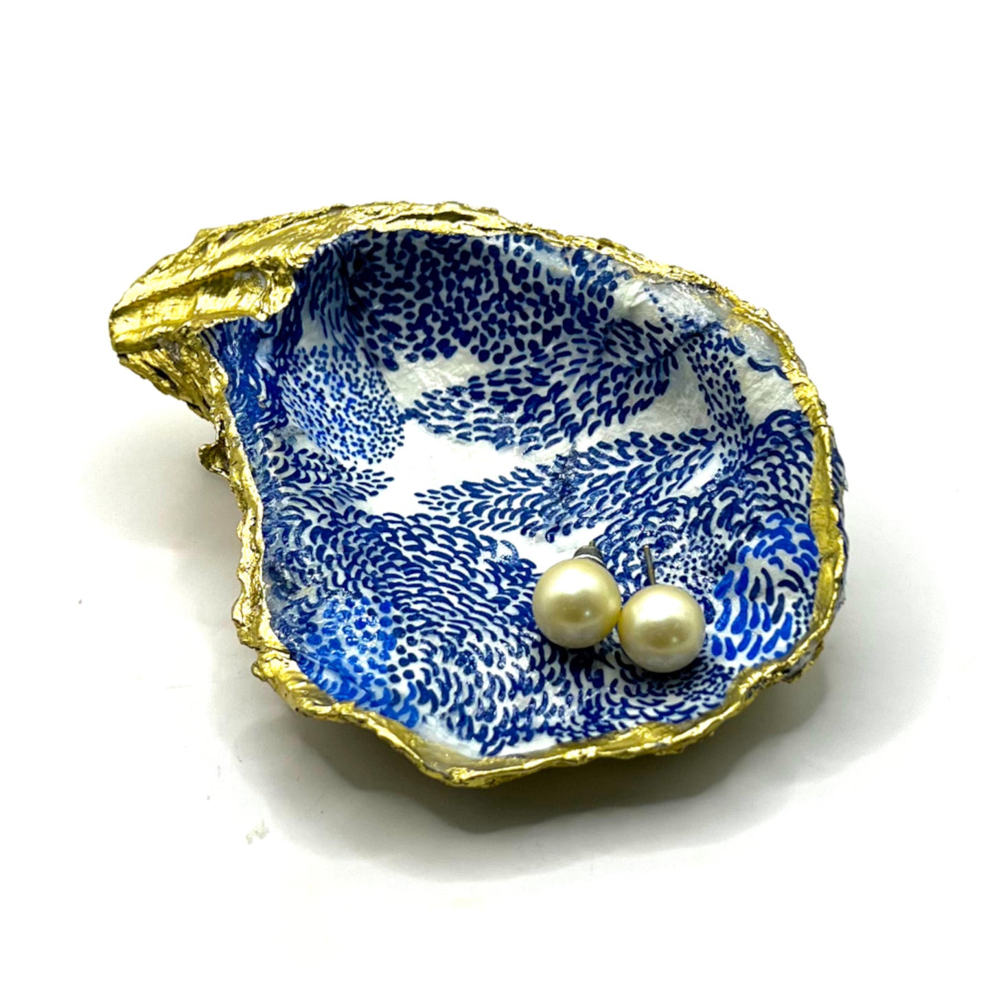 Gilded Blue Abstract Leaf Oyster Shell Ring Dish and Tray