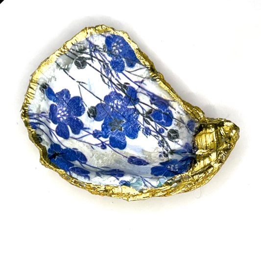 Gilded Blue Flowers Oyster Shell Ring Dish and Tray