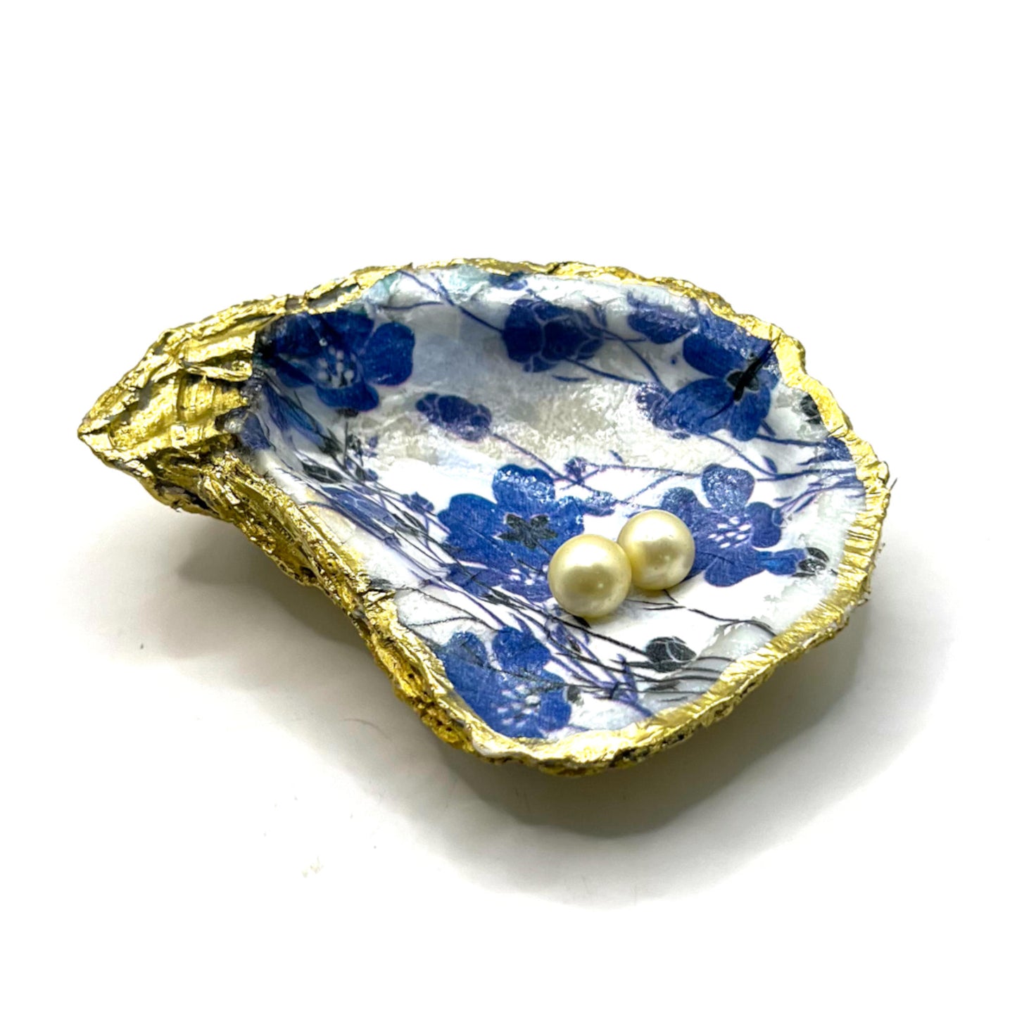 Gilded Blue Flowers Oyster Shell Ring Dish and Tray