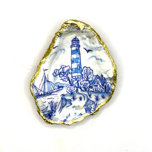 Gilded Blue Lighthouse and Sailboat Toile Oyster Shell Ring Dish and Tray