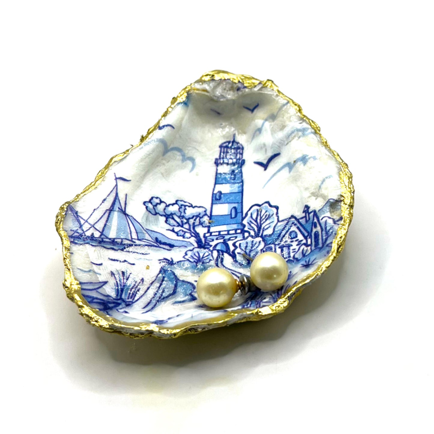 Gilded Blue Lighthouse and Sailboat Toile Oyster Shell Ring Dish and Tray